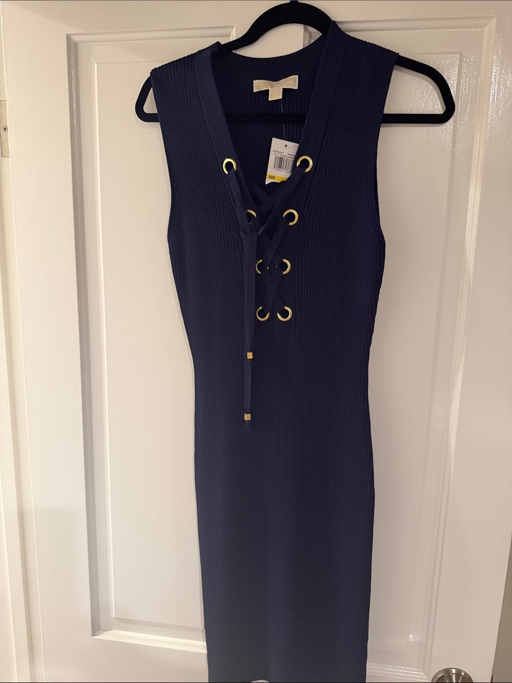 Michael Kors Navy Sleeveless Lace-Up Ribbed Midi Dress